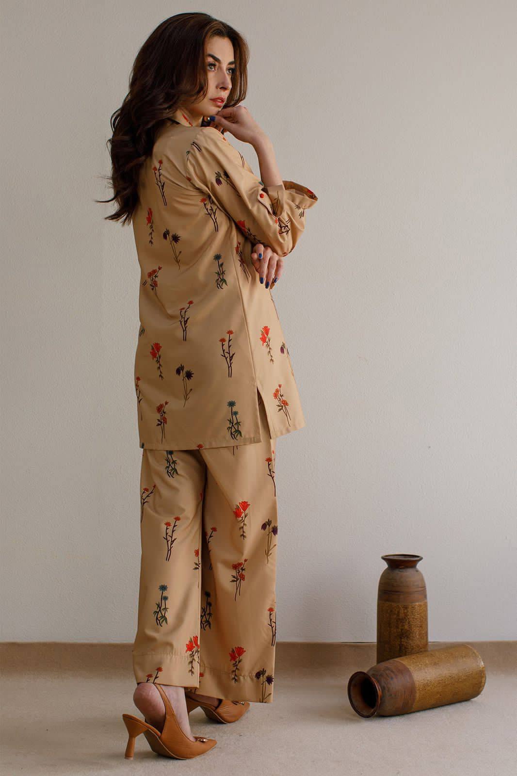 Brown Collar Roll-Up Sleeve Co-ord Set – 2-Piece