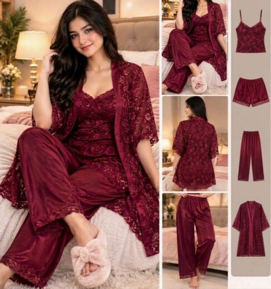 Imported Soft Silk Jersey & Net Bridal 4- Pcs Nighty Set – Premium Quality