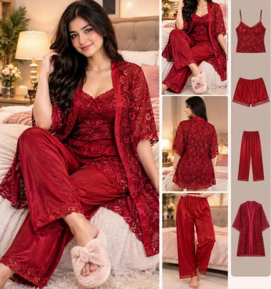 Imported Soft Silk Jersey & Net Bridal 4- Pcs Nighty Set – Premium Quality