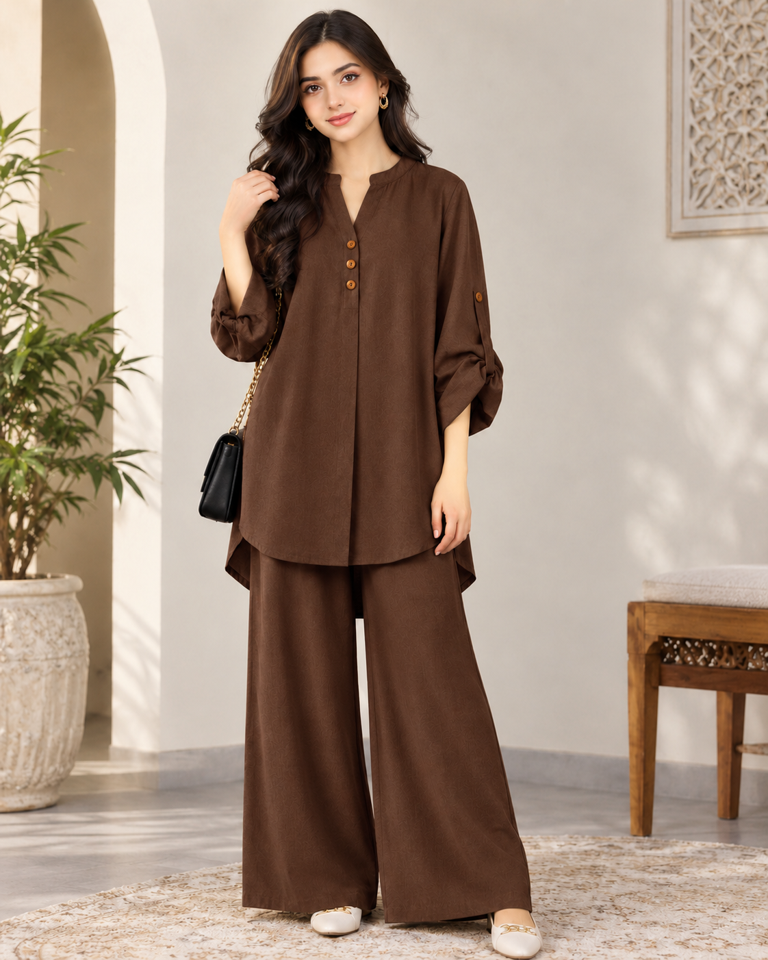Alenza Western Shirt Style 2-Pcs Stitched Co-Ord Set ! Premium Quality ! Soft Flowy
