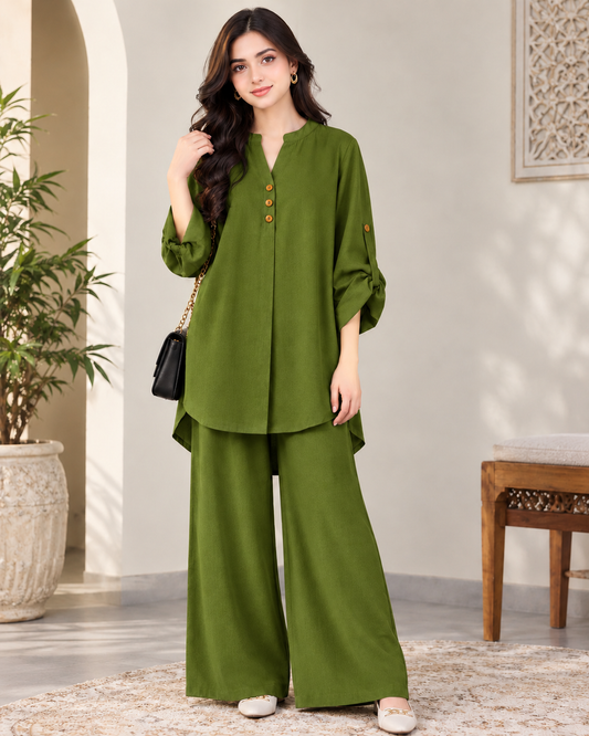 Alenza Western Shirt Style 2-Pcs Stitched Co-Ord Set ! Soft Flowy ! Premium Quality !