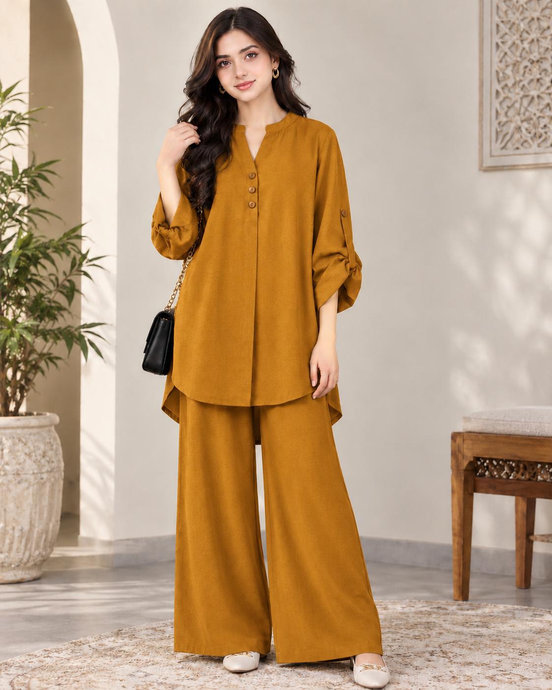 Alenza Western Shirt Style 2-Pcs Stitched Co-Ord Set ! Premium Quality ! Soft Flowy