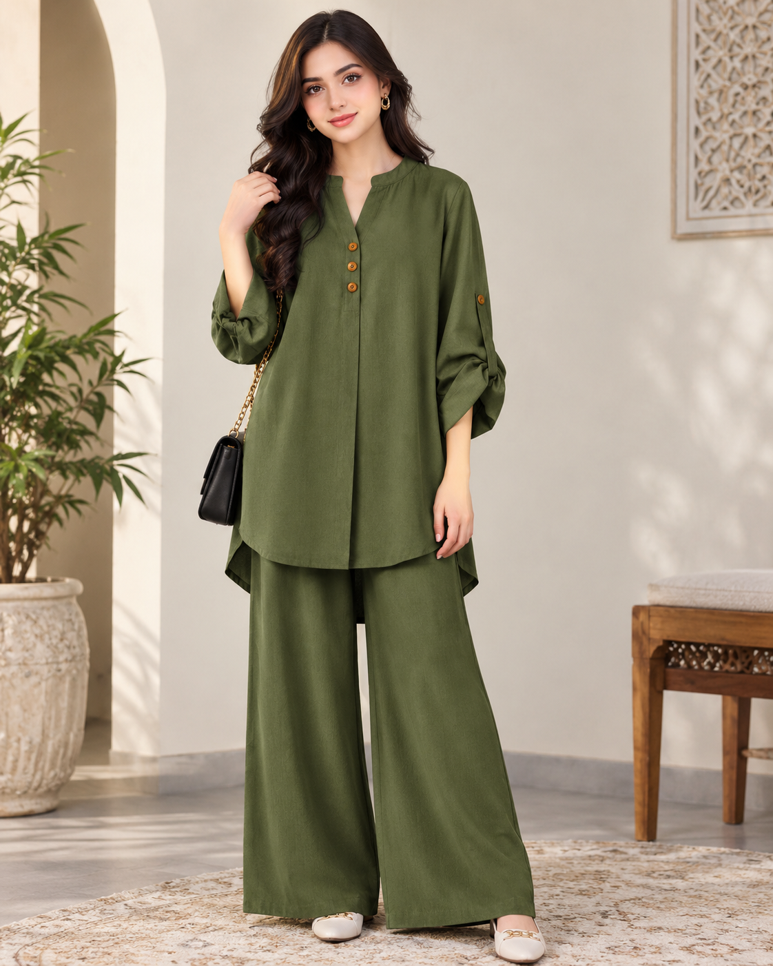 Alenza Western Shirt Style 2-Pcs Stitched Co-Ord Set ! Premium Quality ! Soft Flowy