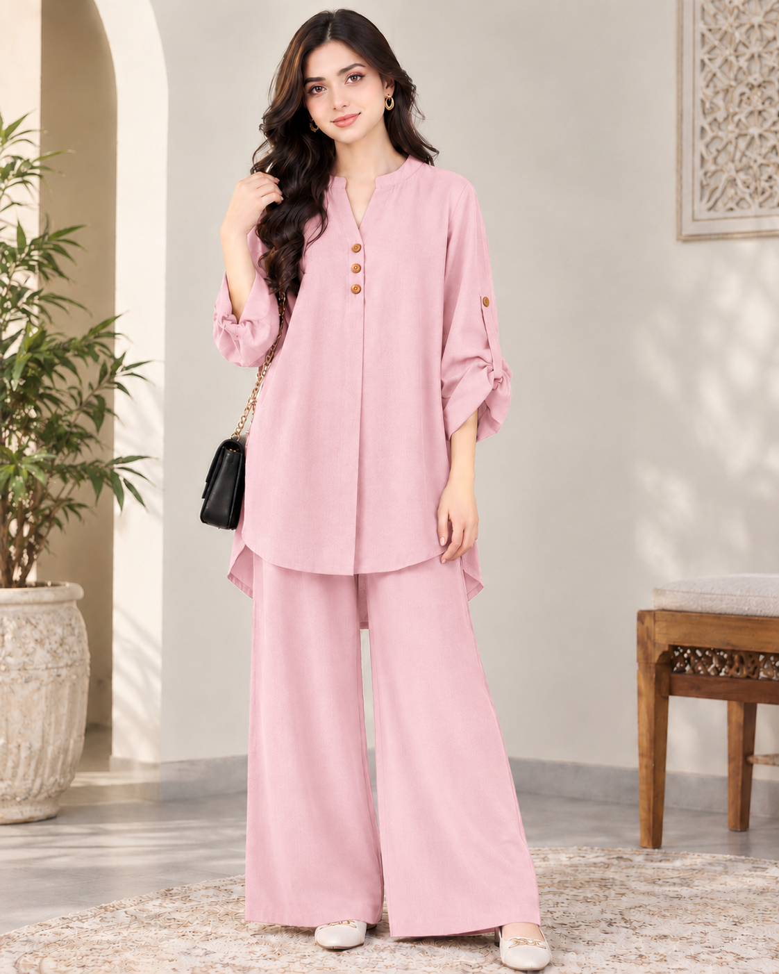 Alenza Western Shirt Style 2-Pcs Stitched Co-Ord Set ! Soft Flowy ! Premium Quality !