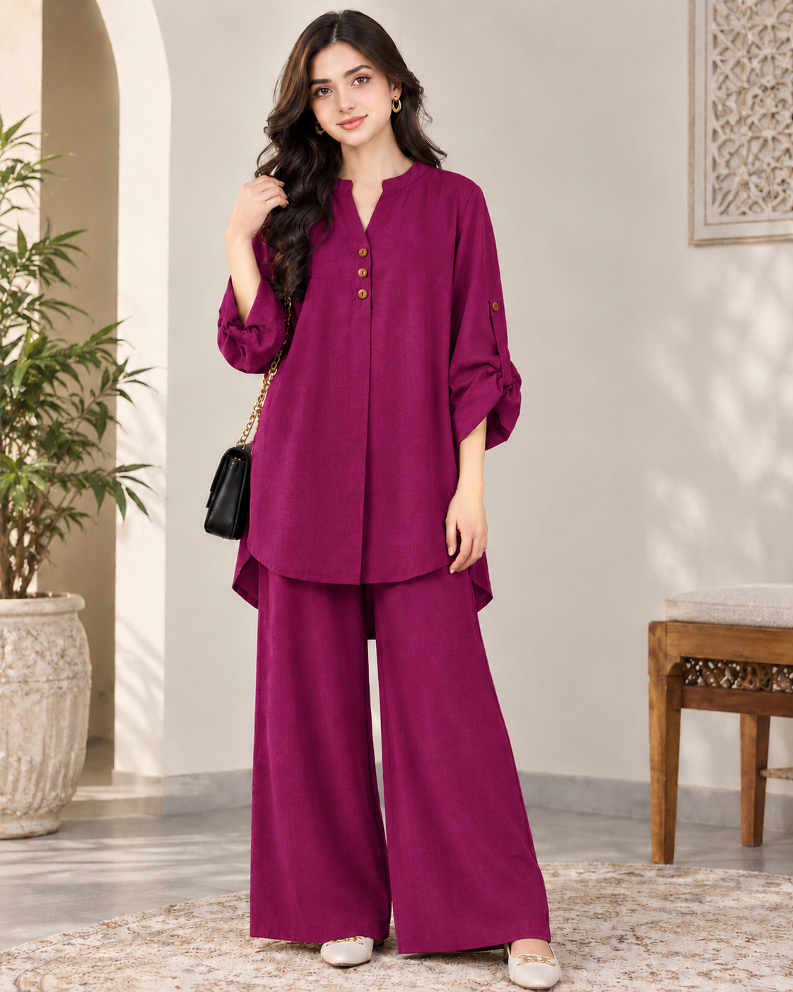 Alenza Western Shirt Style 2-Pcs Stitched Co-Ord Set ! Premium Quality ! Soft Flowy