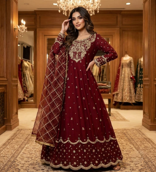 Embroidered Long Flare Maxi 3 Piece  | Premium Party Wear